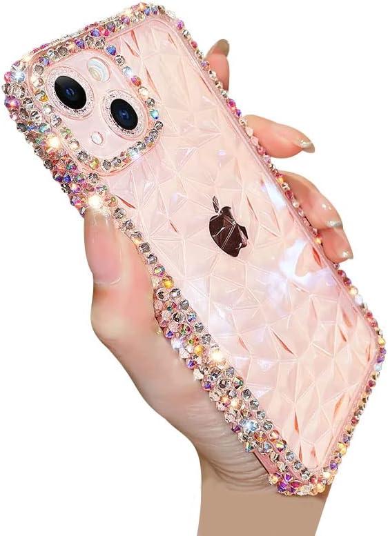 Compatible with iPhone Case,Luxury Crystal Glitter Bling Sparkly Diamond Pattern Camera Lens Protection Clear Soft Shockproof Cover Phone Case (Pink,iPhone 14)