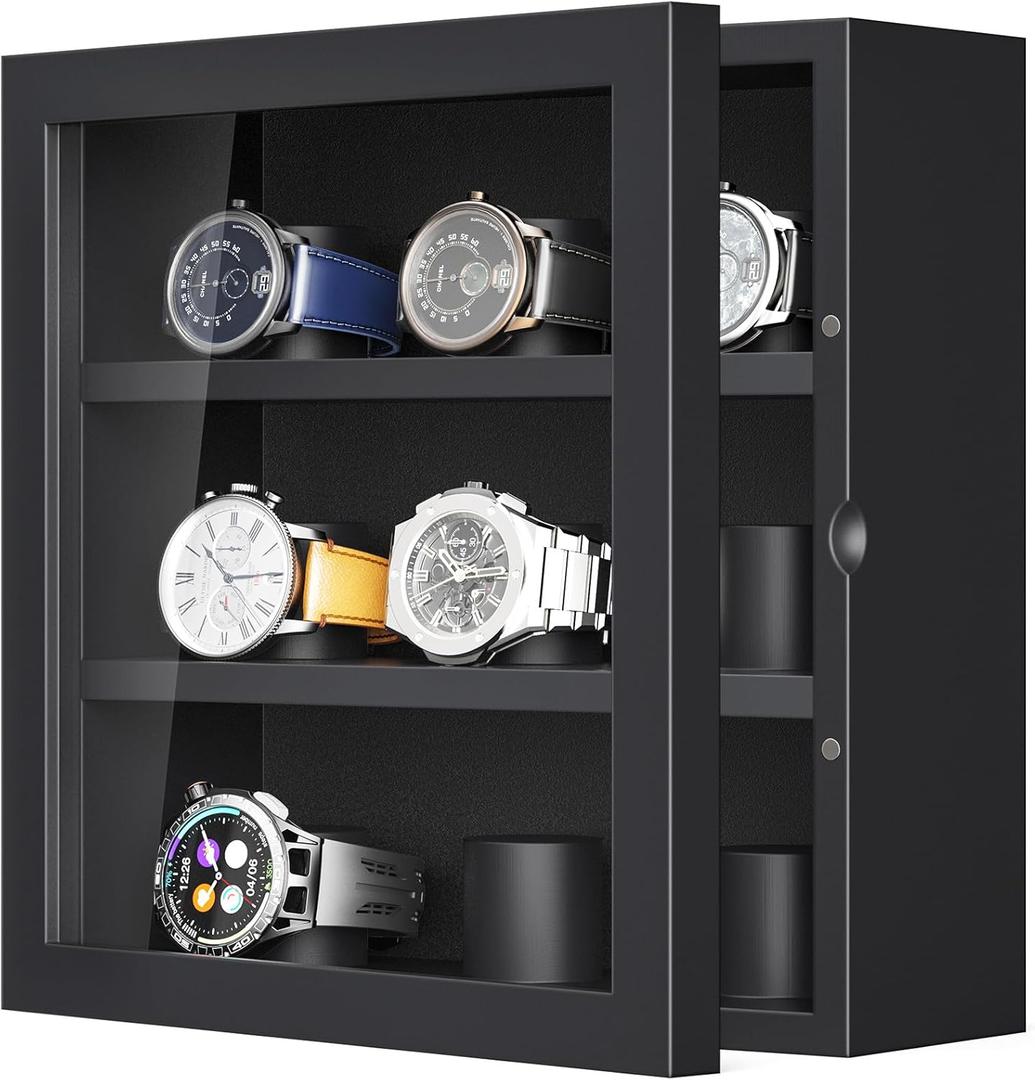 TJ.MOREE 9-Slot Watch Display Case, Wall Mount Wooden Watch Box, Vertical Storage Mens Watch Box (Black)