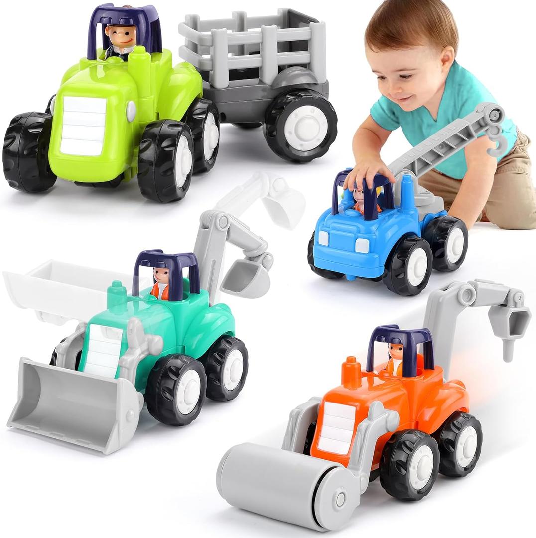 Toy Cars for 1 Year Old Boy, Inertia Toy Trucks, Early Educational Boy Toys Baby Toys 12-18 Months, Push and Go Cars Gifts for 1 Year Old Boys, Construction Vehicles Toddler Toys 4PCS