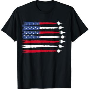 Patriotic Red White Blue USA Flag Fighter Jets 4th of July T-shirt, L