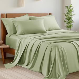Shilucheng 6 Piece Queen Sheet Sets, Cooling Sheets, Blend Rayon Derived from Bamboo, Deep Pocket Up to 16", Breathable & Soft Bed Sheets, Hotel Silky Bedding Set, Sage Green