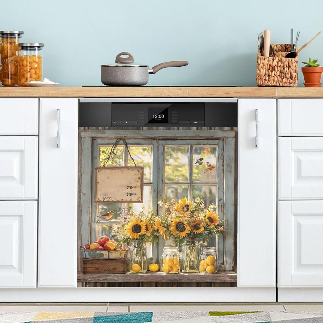 Rustic Sunflower White Dishwasher Magnet Covers Clean Dirty Decorative Cabinet Dishwasher Door Cover 23 x 26 Inch