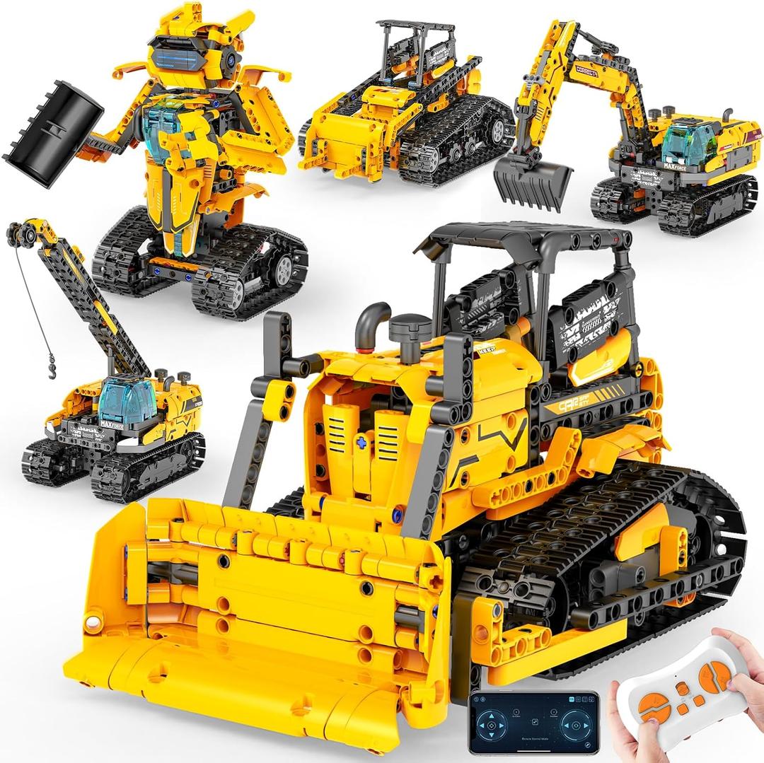 5in1 STEM Robot Building Toys for Kids 6-12, App & Remote Control STEM Excavator Bulldozer Crane Robot Building Kits, 736PCS DIY Educational Construction Building Sets, Erector Set Gift for Boys Girls, Small