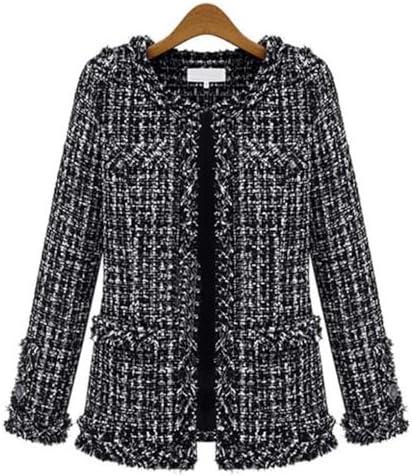 ebossy Women's Elegant Open Front Round Neck Fringed Plaid Tweed Jacket L