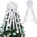 Christmas Tree Topper White - 53x13 inch White Tree Topper Bow with Streamers Silver Snowflake Tree Topper Bow Xmas Tree Home Decor