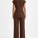 Women's Going Out Two Piece Sets Cap Sleeve Tie Waist Button Down Shirt Wide Leg Pants Dressy Casual Outfits (Brown, M)