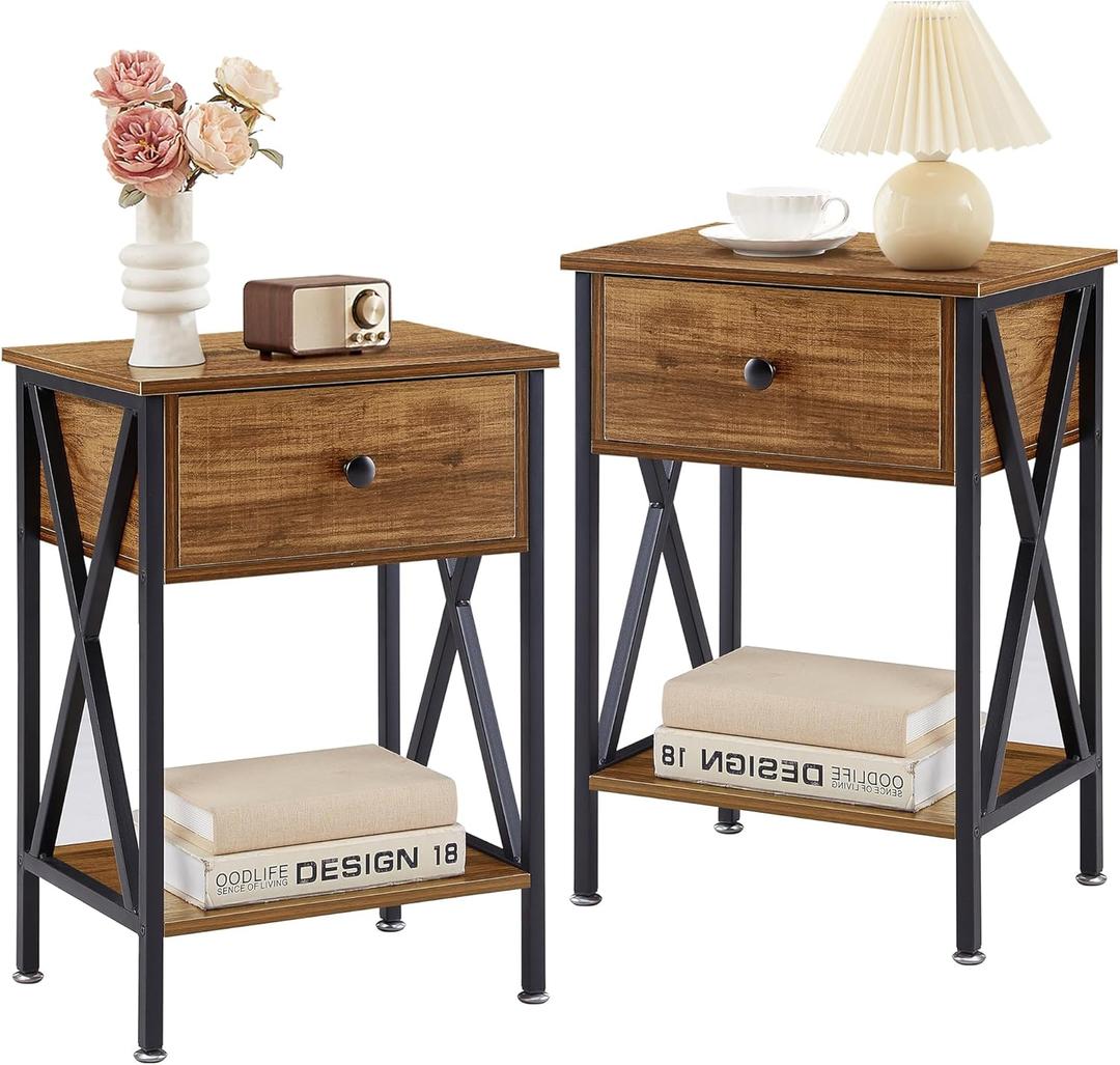 VECELO Nightstands Set of 2, Modern Bedside End Tables, Night Stands with Drawer and Storage Shelf for Living Room Bedroom, Industrial Metal Frame (Brown)