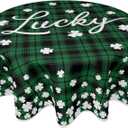 St Patricks Day Round Tablecloth 60 Inch Lucky Clover Shamrock Print Black Green Buffalo Plaid Decorative Table Cloth Holiday Farmhouse for Indoor Party Kitchen Dinner Picnic Decor
