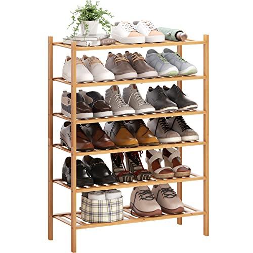 BMOSU 6-Tier Bamboo Shoe Rack Premium Stackable Shoe Shelf Storage Organizer for Hallway Closet Living Room Entryway Organizer (Natural Bamboo)