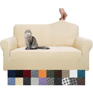 YEMYHOM Couch Cover Latest Jacquard Design High Stretch Sofa Covers for 2 Cushion Couch, Pet Dog Cat Proof Loveseat Slipcover Non Slip Magic Elastic Furniture Protector (Medium, Beige, 55"-69")