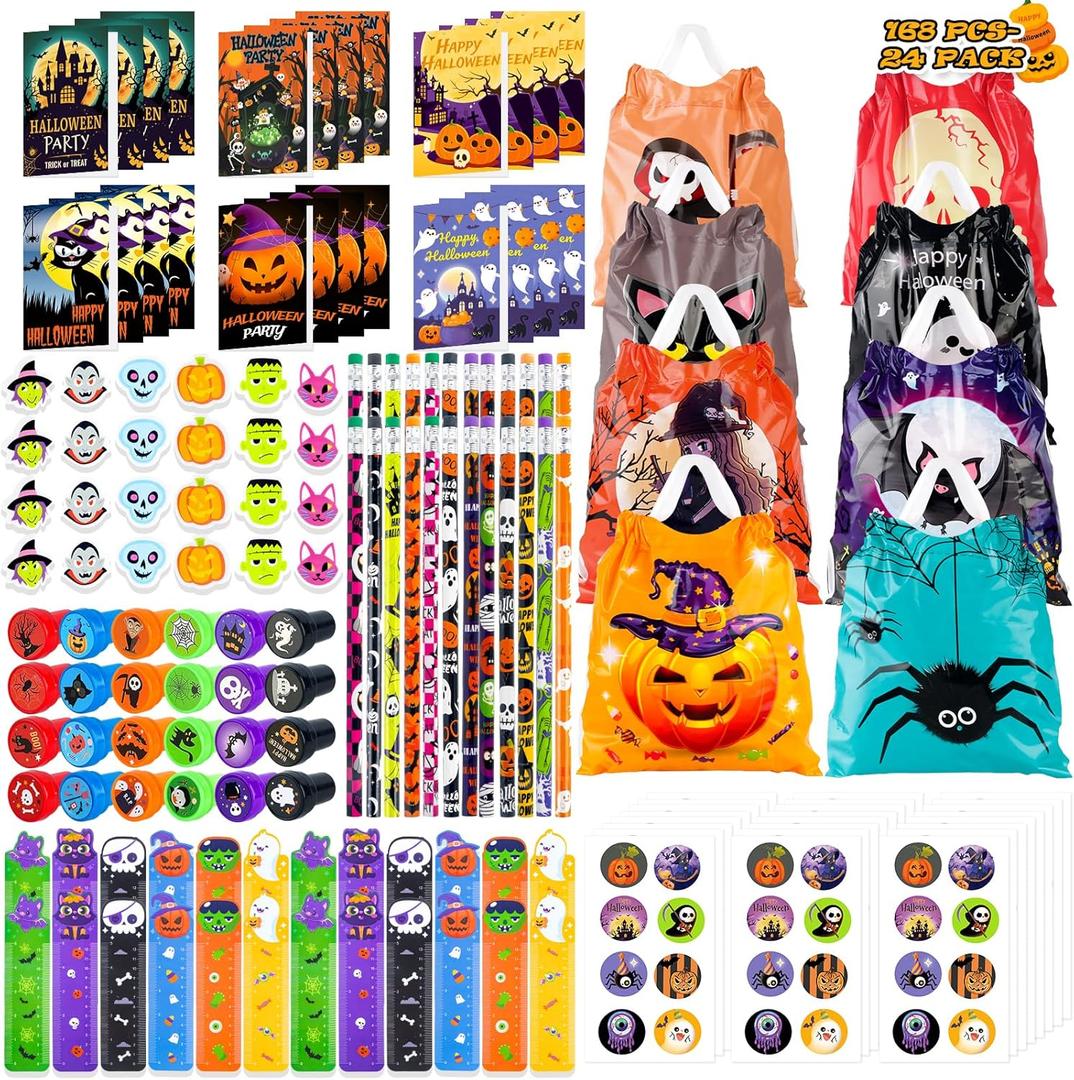 168 Pcs 24 Pack Assorted Halloween Party Favors Stationery Bulk Set for Kids Classroom, Goodie Bag Fillers Incl Halloween Bags, Notepads, Stamps, Rulers, Pencils, Stickers...Trick or Treat
