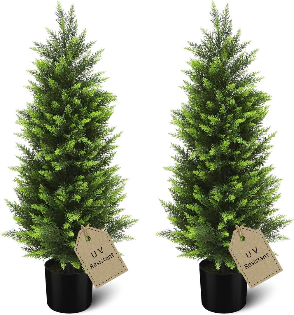 HMASYO 3FT Artificial Cedar Topiary Trees Set of 2, Realistic Potted Fake Cypress Tree Faux Pine Shrubs Plants with UV Resistant for Indoor Outdoor Home Porch Front Door Garden Offices Decorations