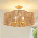 SYTPPLAN Boho Light Fixtures Ceiling Light, 5-Light 19" Rattan Semi Flush Mount Ceiling Light Fixture with Hand-Woven Shade, Farmhouse Chandelier for Hallway Living Room Bedroom Kitchen Island Entryway