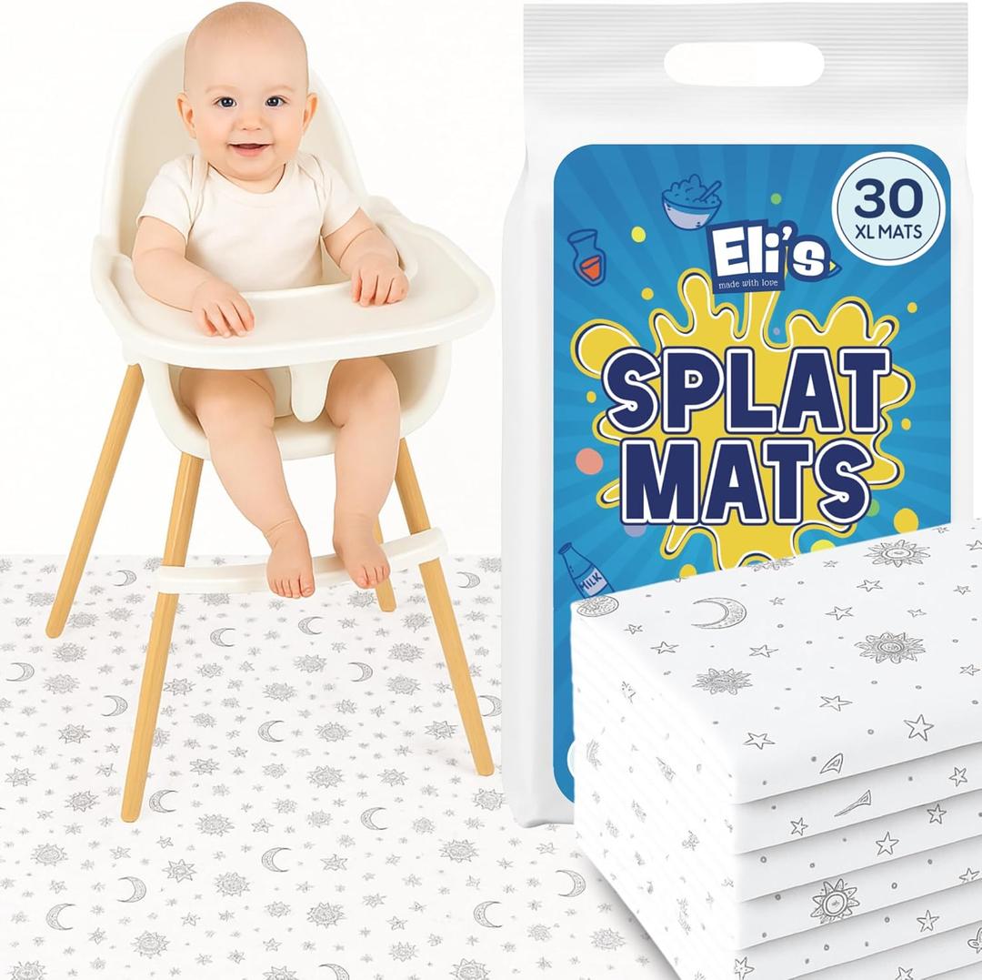 30 Pack Disposable Splat Mats by Eli with Love - Extra Large 49"x49" 100% Waterproof Baby Splat Mat for Under High Chair - Plastic Mat Liner for Floor - Protect from Spills (Moon & Stars, 30 Pack)