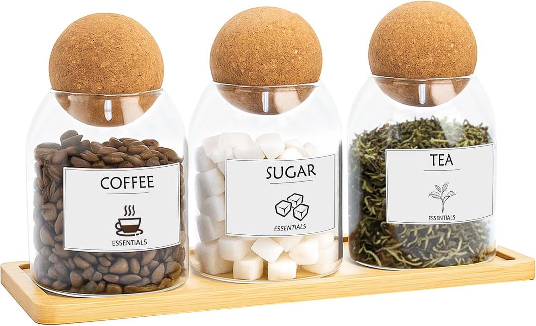 GYOSUGANG Glass Jar Storage Container with Ball Cork, 3PCS Round Glass Canisters with Tray & Labels, Small Glass Jars for Food Sugar Candy Coffee Tea Nuts (500ml/17oz)