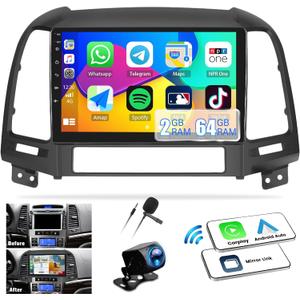 2G+64G Android 13 Car Stereo for Hyundai Santa Fe Radio 2006-2012 Wireless CarPlay Android Auto GPS Navigation 9 HD Touchscreen Bluetooth SWC FM/WiFi/Mirror Link+Backup Camera
