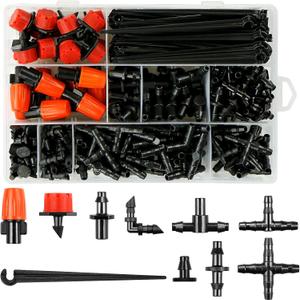 246 Pcs Drip Irrigation Fittings Kit for 1/4" Tubing, 1/4 Inch Drip Line Parts Barbed Connectors (Coupling, Tee, Elbow, End Plug, Cross, Single Barb, Nozzle, Nozzle Tee, Dripper, Drip Stake)