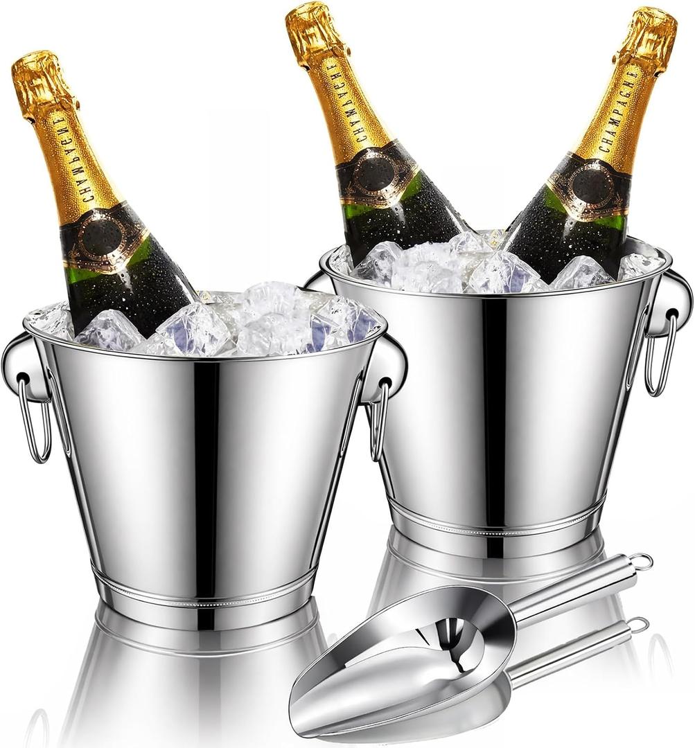 meekoo 2 Pcs 4 Quart Champagne Bucket Wine Bucket Metal Ice Container with 1 Pcs 6 oz Ice Scoop and Handles Stainless Steel Drink Cooler Cocktails Wine Chiller Beer Tub for Bar Party BBQ Banquet