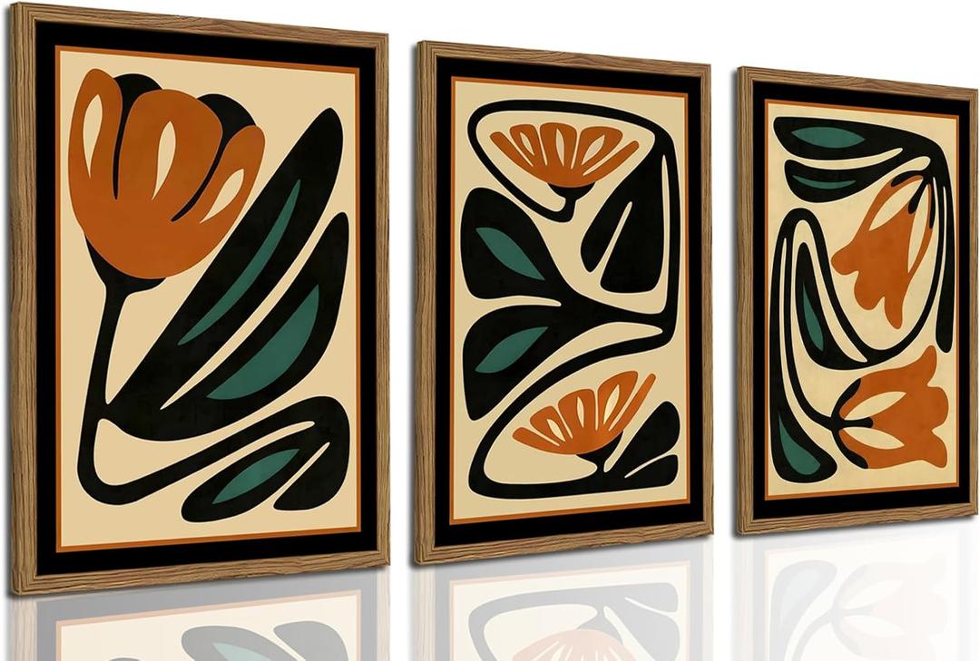Mid Century Floral Wall Art Set of 3, Modern Abstract Botanical Wall Decor Picture, Vintage Boho Eclectic Plant Canvas Prints Paintings for Bedroom Living Room 16x24 inch Framed
