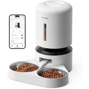 PETLIBRO 5L Automatic Cat Feeder for 2 Cats, 5G&2.4G Wi-Fi Programmable Cat Food Dispenser with Dual Stainless Steel Bowls, Airtight Lock Fresh Technology, Low Food Sensor (White)