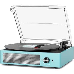 Vinyl Record Player with 2 Stereo Speakers Belt-Driven Vintage Turntables 3 Speed 3 Size Wireless Bluetooth Playback AUX-in RCA Out Headphone LP Vinyl Players Auto Stop Sky Blue