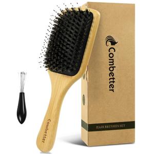 Boar Bristle Hair Brush& Natural Wooden Paddle Detangler HairBrush-Smoothing Shine Brush for Slick Back Styles, Ponytails & Buns - for Women/Men/Kids with Curly, Long, Fine or Dry Hair