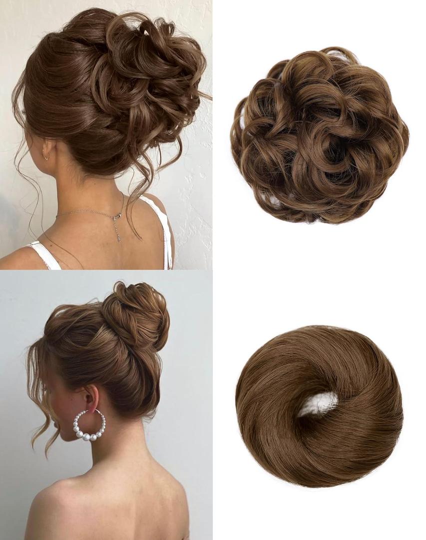 2PCS Messy Bun Hair Piece-Large Wavy Curly & Donut Updo Hair Pieces Set, Scrunchies Synthetic Chignon Ponytail Extensions Thick Updo for Women(Light Brown)
