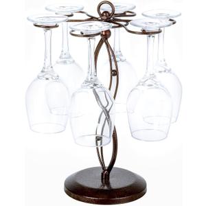 MyGift Bronze Metal Countertop Wine Glass Holder with Scrollwork Design, Freestanding Tabletop Stemware Storage Rack with 6 Hooks