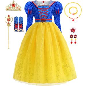 Princess Dress for Girls Princess Costume for Girls with Crown, Wand, Necklace, Bracelet, Ring, Glove, Earring