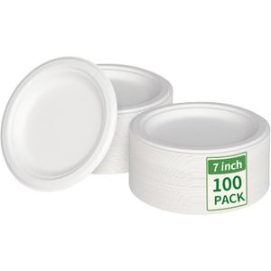 Aricsen 100 Pack 7 Inch Compostable Disposable Round Paper Plates, Natural White Biodegradable Sugarcane Bagasse PFAS-Free Eco-Friendly Dinner Plates for Party Wedding Picnic BBQ (100, 7 INCH)