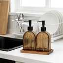 Glass Soap Dispenser Set with Wooden Tray, 13.5Oz Refillable Liquid Modern Soap Dispenser with Plastic Pump for Hand and Dish Set for Bathroom Countertop Decor (Dark Brown)