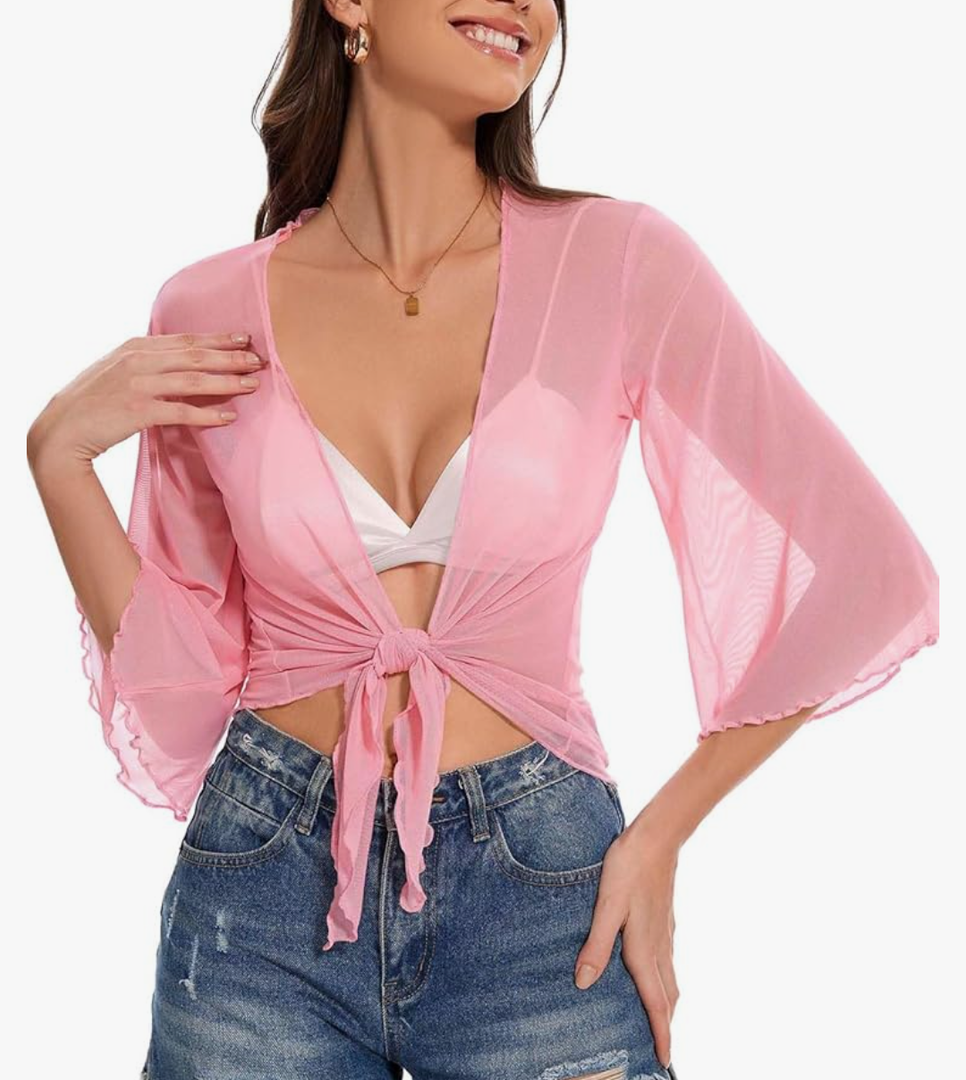 Women's Short Cardigan Bolero Shrug Sheer Tie Front Top 3/4 Sleeve Jacket for Dress