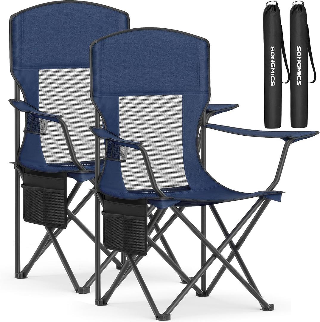 SONGMICS Breathable Camping Chairs, Foldable Outdoor Chairs Set of 2, High Back, Adjustable Armrests, Drink Holder, Weight Capacity 330 lb, for Sports Garden Backyard, Harbor Blue UGCB028Q01, Medium