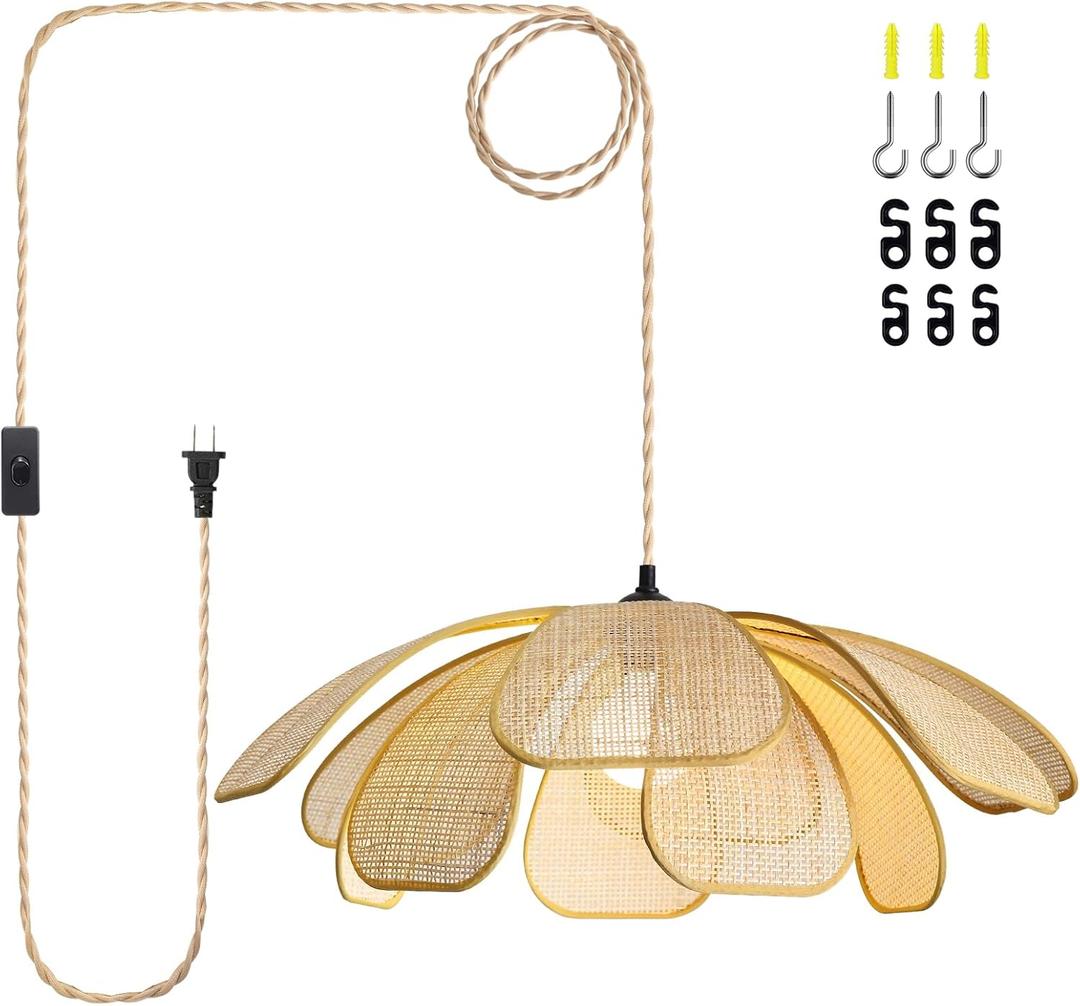 Plug in Pendant Light Boho Hanging Light Wicker Light Fixture Hand-Woven Rattan Pendant Lamp Boho Lamp for Hallway Entryway Kitchen Island Dining Room Bedroom