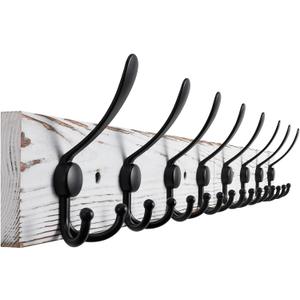32.2'' Large Coat Rack Wall Mount Coat Hooks with 8 Metal Black Triple-Hooks Old White Pine Real Wood Plank Hat Rack for Wall Hooks