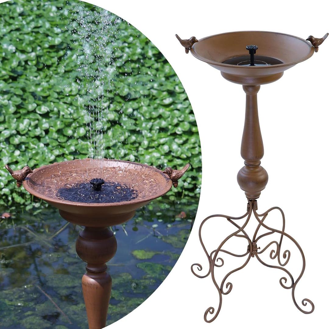 15.4" W*31.5" H Solar Fountain Bird Bath with Metal Stake, Vintage Metal Bird Baths for Outdoors, Garden Lawn Yard Decor