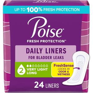 Poise Daily Liners, Incontinence Panty Liners for Bladder Leaks, 2 Drop Very Light Absorbency, Long Length, 24 Count of Pantiliners, Pack of 2