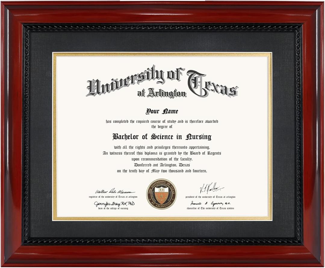 GMFrames 8.5x11 Diploma Degree Frame with Mat or Display 11x14 Certificates without Mat,Solid Wood,Cherry Finish with Intricate Black Rope Detail,UV Protection Acrylic