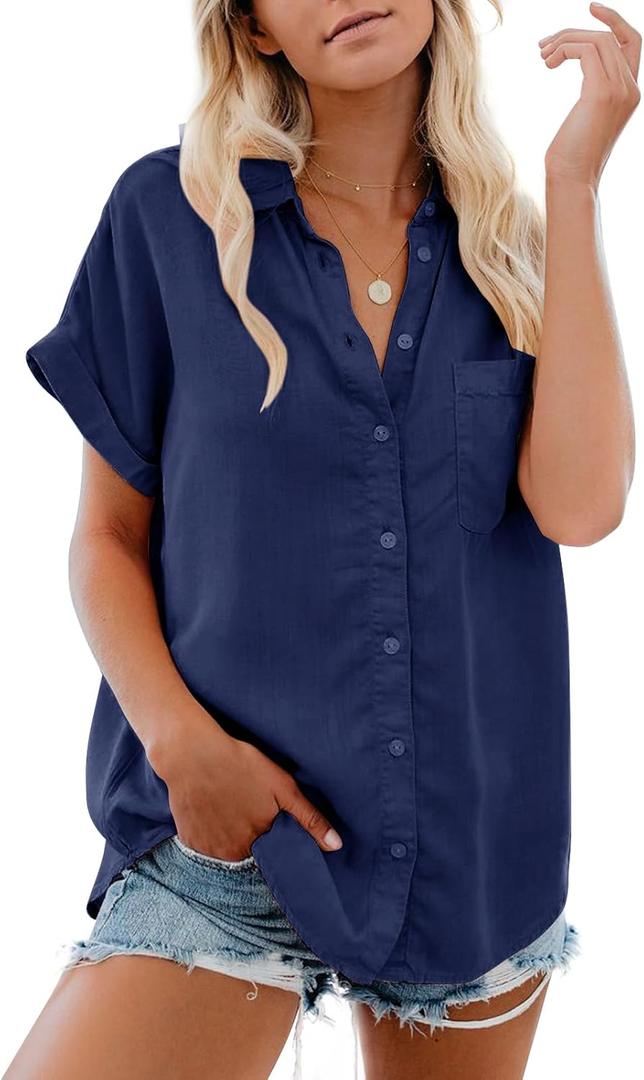 Women's Button Down Casual Shirts Cotton Short Sleeve Blouses Solid Summer Tops with Pocket (X-Large, Navy Blue)
