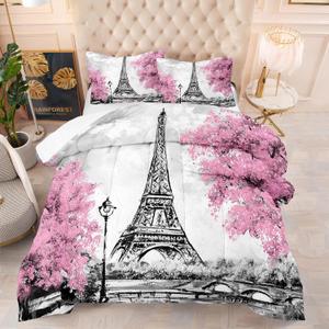 kxry Pink Paris Comforter Set King Size Eiffel Tower Flower French Style Bedding Sets for Girls Women Kids Quilted Duvet 1 Comforter + 2 Pillow Cases