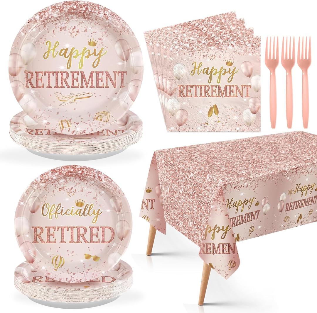 98Pcs Rose Gold Retirement Decorations Pink Happy Retirement Plates Napkins Forks Tablecloths Rose Gold Diamond Retired Tableware Set for Women Say Goodbye Going Away Party Supplies Serve24