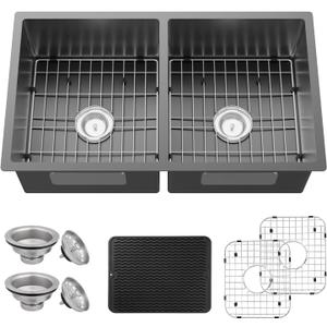 Black Kitchen Sink, 50/50 Double Bowl 33x19x8 Inch Undermount Stainless Steel Drop In Large Kitchen Sink Combo-Stainless Grid, Silicon Mat, Installation Clips For Modern SS Stylish Kitchen&Bar, 33x19x9 inches