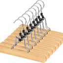 AMKUFO 12 Pack Natural Wooden Pants Hangers with Clips Non Slip Skirt Hangers Trouser Clamp Hanger Solid Wood Hanger with 360 Swivel Hook