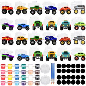 Simgoing 24 Pcs Ready to Paint Ceramic Monster Truck Ornaments Unpainted DIY Ceramic Painting Kit with 24 Acrylic Paints 4 Paint Brushes 2 Palettes for Kids Paintable Figurines for Adults Crafts