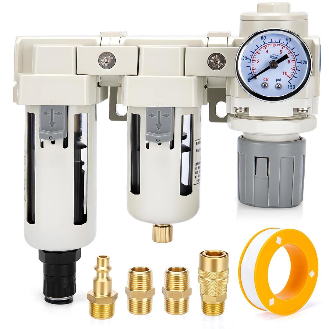 Air Pressure Regulator 3/8 NPT Auto Drain and Semi-Auto Drain Double Air Filters, Air Compressor Water Separator 0-150PSI, Air Drying System, Polycarbonate Bowl