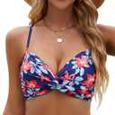 SEAFORM Women's Halter Bikini Tops Push Up Floral Print Swimsuits Top Bow Tie Back Beach Bathing Suits Tops with Padded (Blue)