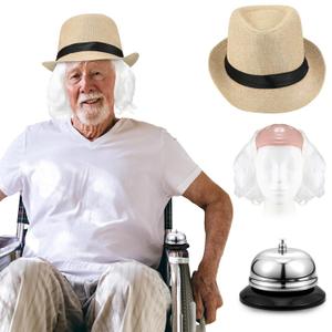 3 Pcs Set of Short White Curly Old Man Bald Head Wig Include Food Bell, Linen Hat, and Bald Wig Suitable for Halloween Cosplay Costume Adults Men Women