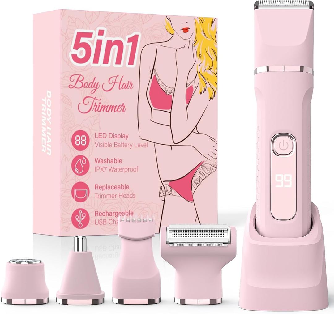 Bikini Trimmer for Women,5-in-1 Electric Razors for Women,Electric Shaver for Women's,IPX7 Waterproof Trimmer for Men Legs,with 5 Replaceable Blade Heads,USB Recharge DockPink