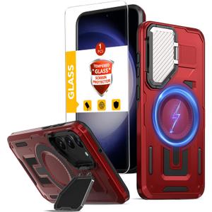 2 x for Samsung Galaxy S23 Case Magnetic Compatible with MagSafe Support Wireless Charger,Built-in Camera Cover Kickstand+with Screen Protector,Military Grade Drop Full-Body Phone Protection Red