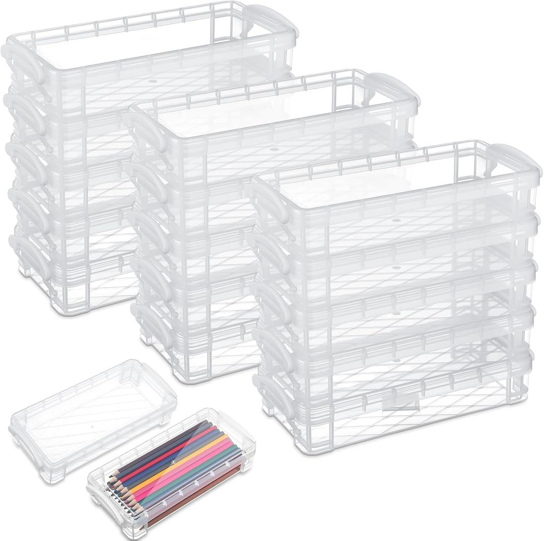 Gueevin 24 Pcs Large Capacity Plastic Pencil Box Clear Plastic Pencil Case Crayon Box with Snap Tight Lid Watercolor Pen Storage Brush Organizer Drawing Tools Container (White)
